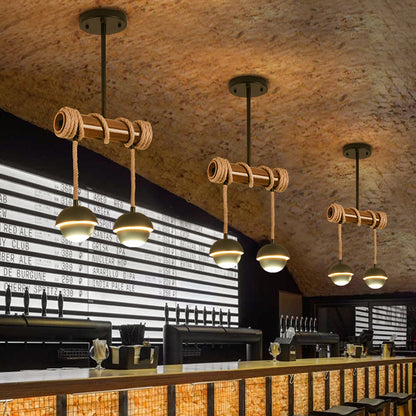 Industrial Linear Island Chandelier 2/3/6 Bulbs Iron Pendant Lamp in Black with Bamboo Tube and Rope, Warm/White Light 2 Black Clearhalo 'Ceiling Lights' 'Island Lights' Lighting' 1474003