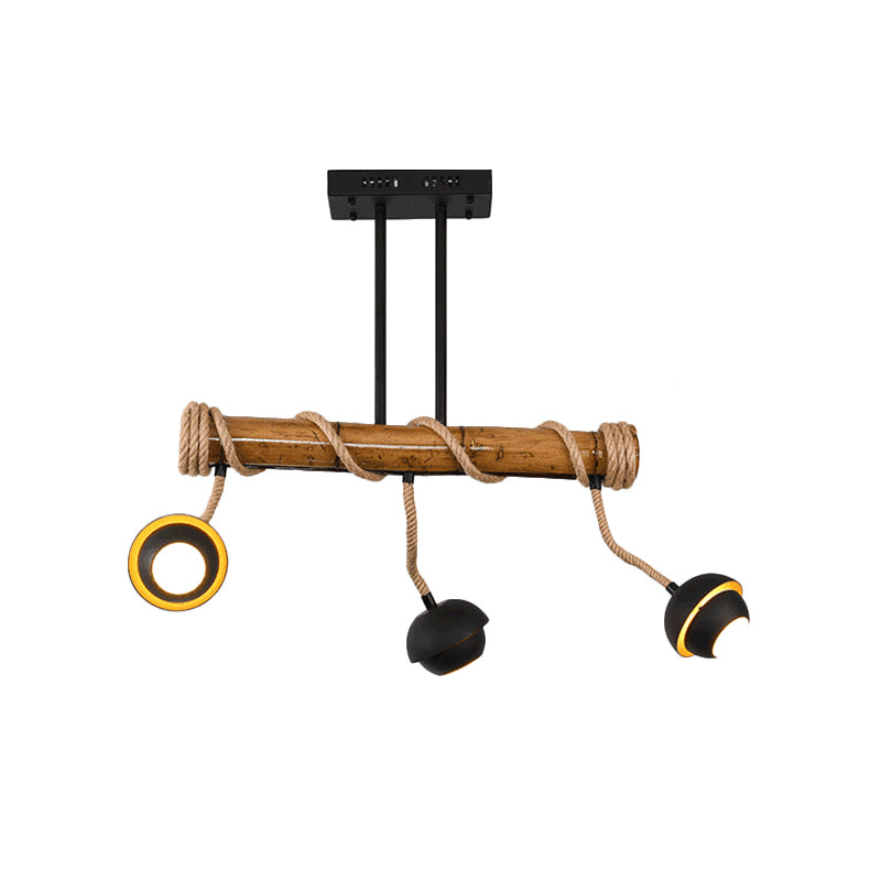 Industrial Linear Island Chandelier 2/3/6 Bulbs Iron Pendant Lamp in Black with Bamboo Tube and Rope, Warm/White Light Clearhalo 'Ceiling Lights' 'Island Lights' Lighting' 1474009