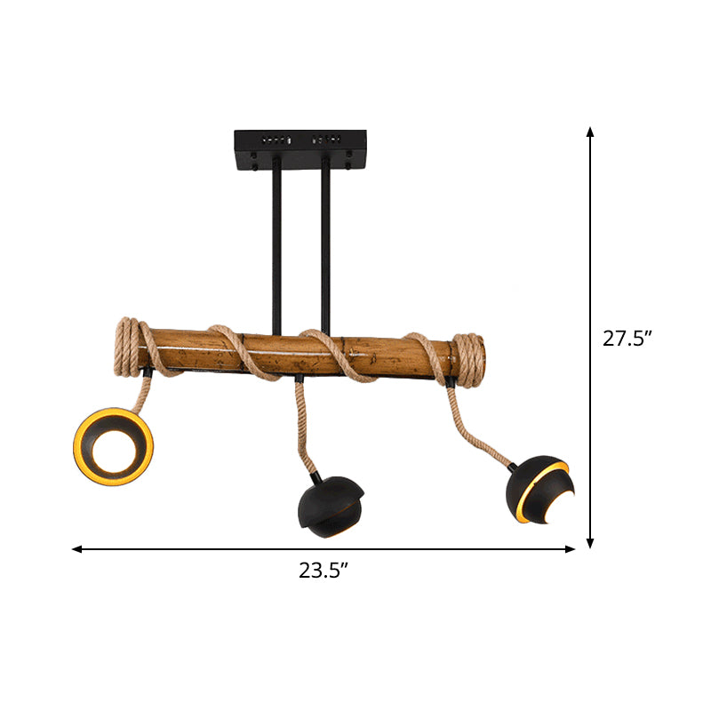 Industrial Linear Island Chandelier 2/3/6 Bulbs Iron Pendant Lamp in Black with Bamboo Tube and Rope, Warm/White Light Clearhalo 'Ceiling Lights' 'Island Lights' Lighting' 1474011
