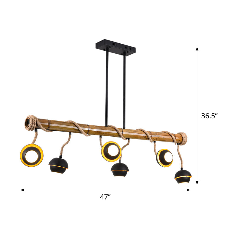 Industrial Linear Island Chandelier 2/3/6 Bulbs Iron Pendant Lamp in Black with Bamboo Tube and Rope, Warm/White Light Clearhalo 'Ceiling Lights' 'Island Lights' Lighting' 1474016
