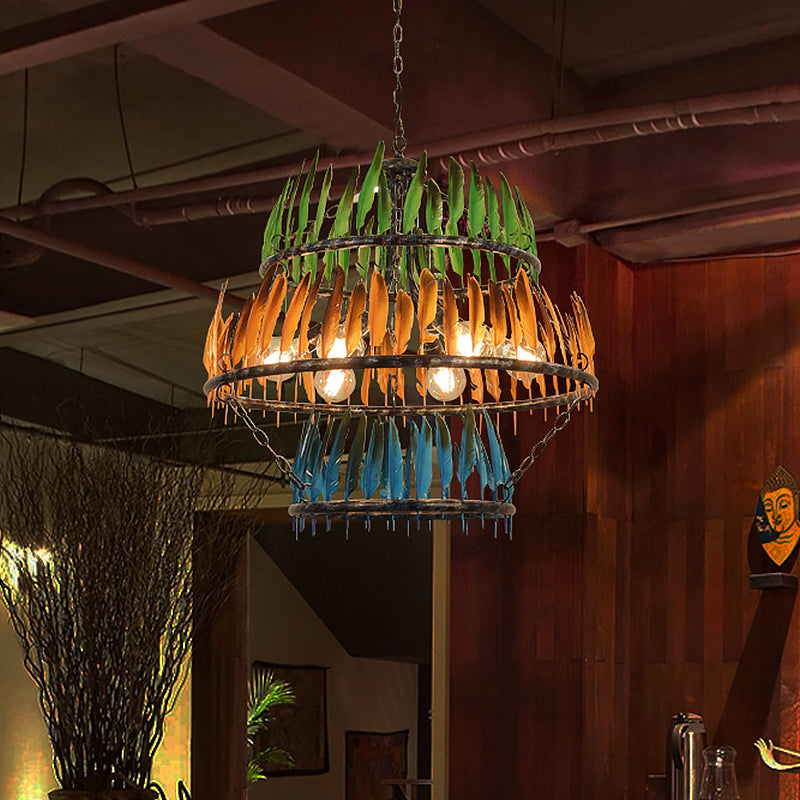 Layered Iron Chandelier Lamp Factory 6 Heads Restaurant Suspension Light in Black with Feather Design Clearhalo 'Ceiling Lights' 'Chandeliers' Lighting' options 1474028