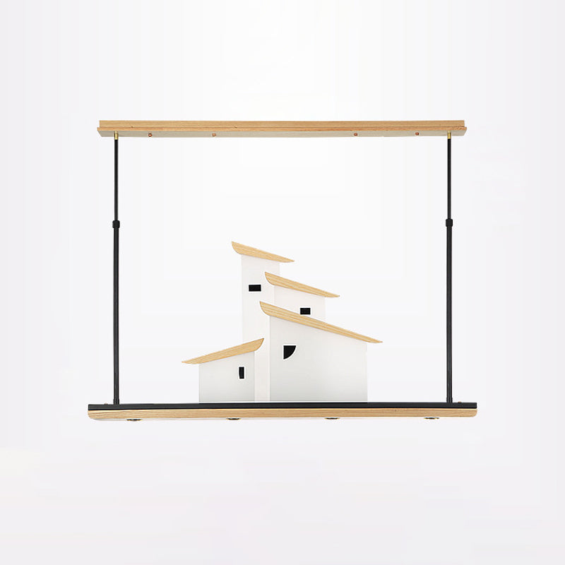 Art Deco House Island Pendant LED Metal Ceiling Light in White with Wood Bracket, Warm/White Light Clearhalo 'Ceiling Lights' 'Island Lights' Lighting' 1474035