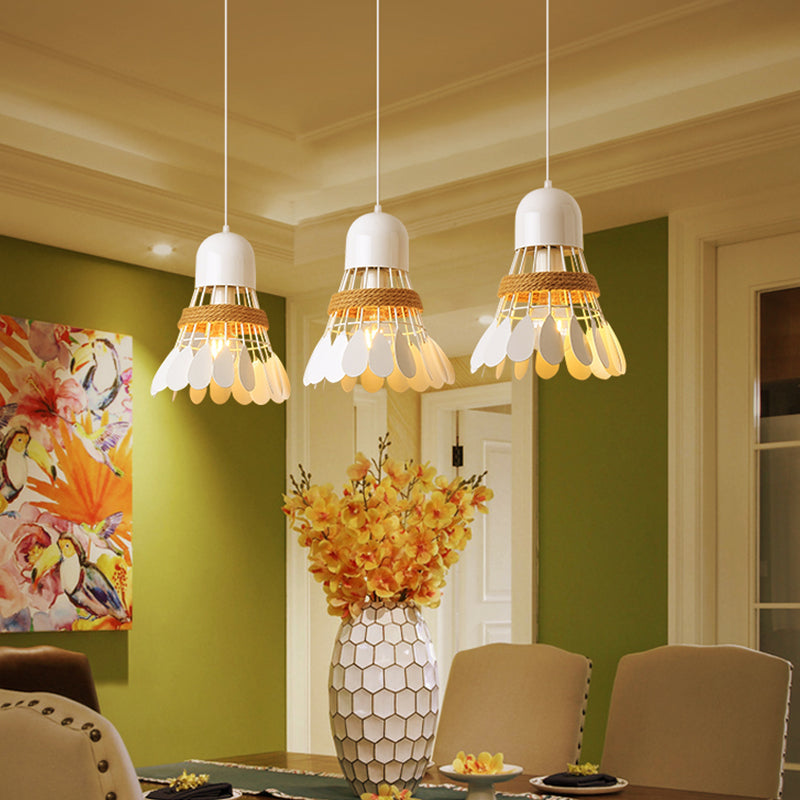 Badminton Dining Room Cluster Pendant Art Deco Iron 3 Heads Black/White Drop Lamp with Rope and Round/Linear Canopy White Linear Clearhalo 'Ceiling Lights' 'Pendant Lights' 'Pendants' Lighting' 1474038_07c31f2e-8683-4729-94f9-ba07ed3f7962