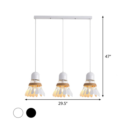 Badminton Dining Room Cluster Pendant Art Deco Iron 3 Heads Black/White Drop Lamp with Rope and Round/Linear Canopy Clearhalo 'Ceiling Lights' 'Pendant Lights' 'Pendants' Lighting' 1474041