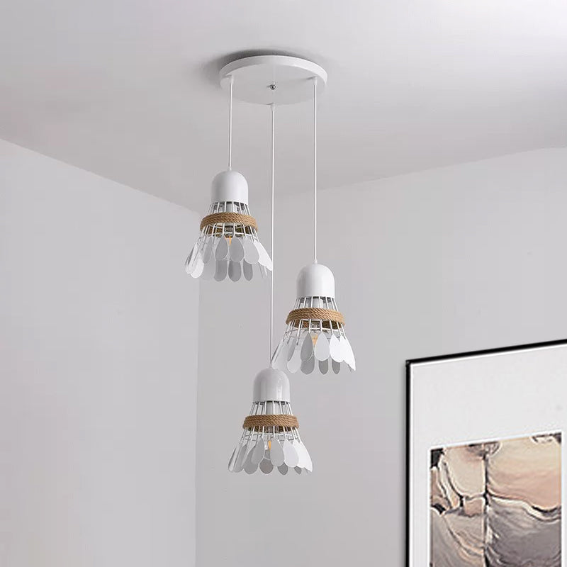 Badminton Dining Room Cluster Pendant Art Deco Iron 3 Heads Black/White Drop Lamp with Rope and Round/Linear Canopy Clearhalo 'Ceiling Lights' 'Pendant Lights' 'Pendants' Lighting' 1474043