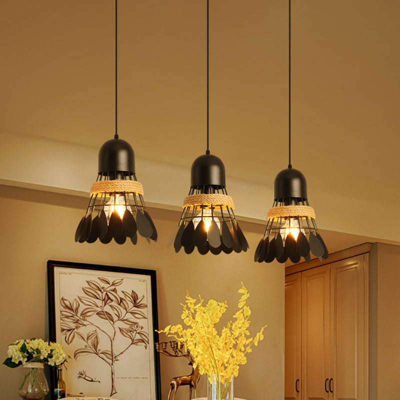 Badminton Dining Room Cluster Pendant Art Deco Iron 3 Heads Black/White Drop Lamp with Rope and Round/Linear Canopy Clearhalo 'Ceiling Lights' 'Pendant Lights' 'Pendants' Lighting' 1474047