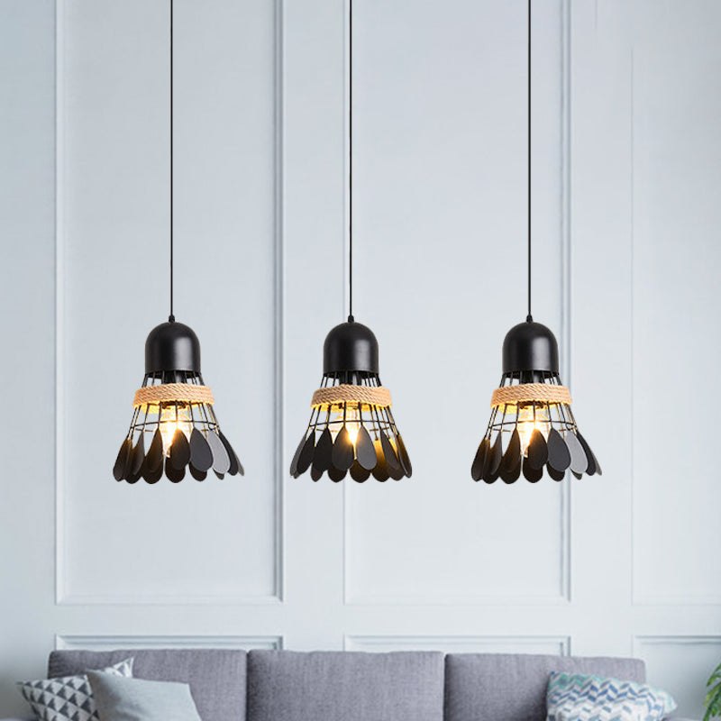 Badminton Dining Room Cluster Pendant Art Deco Iron 3 Heads Black/White Drop Lamp with Rope and Round/Linear Canopy Clearhalo 'Ceiling Lights' 'Pendant Lights' 'Pendants' Lighting' 1474048