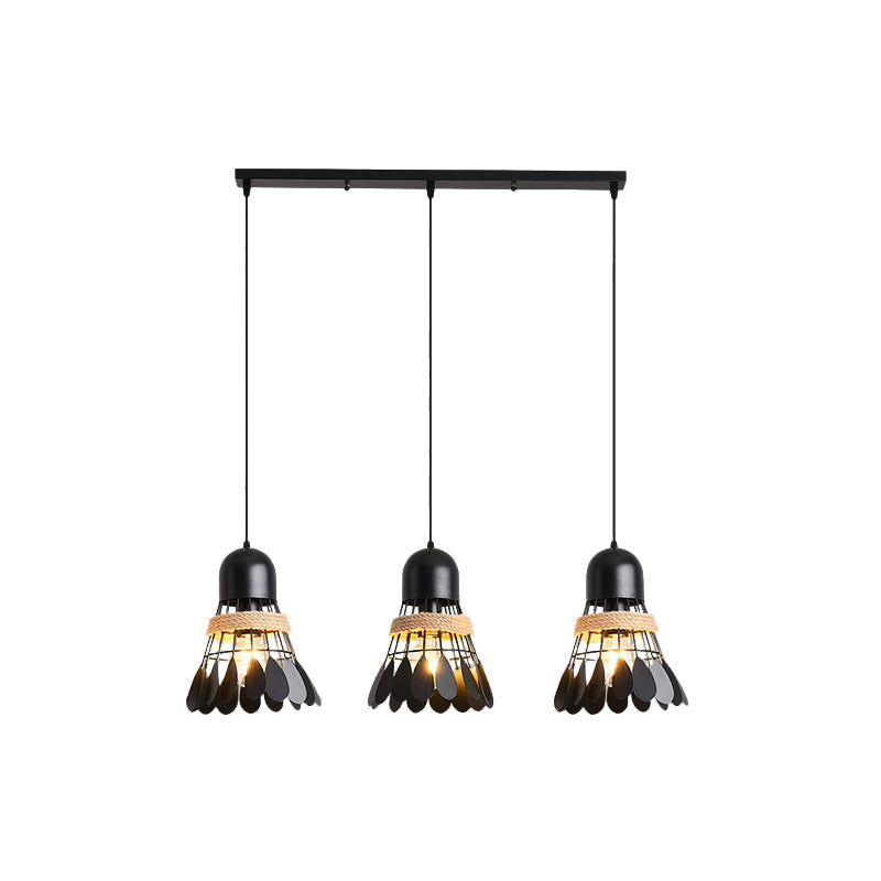 Badminton Dining Room Cluster Pendant Art Deco Iron 3 Heads Black/White Drop Lamp with Rope and Round/Linear Canopy Clearhalo 'Ceiling Lights' 'Pendant Lights' 'Pendants' Lighting' 1474049