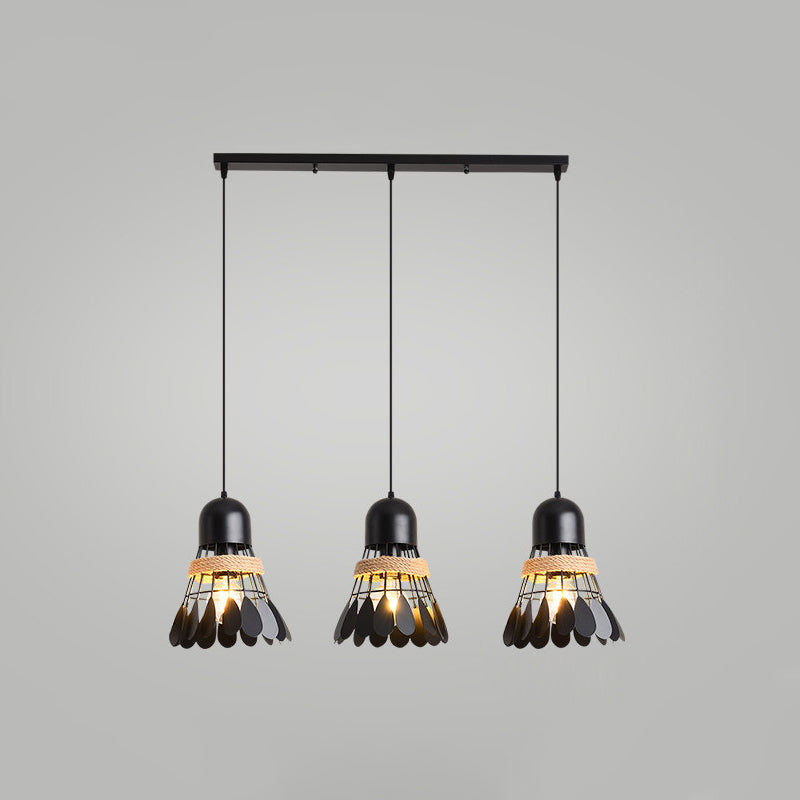 Badminton Dining Room Cluster Pendant Art Deco Iron 3 Heads Black/White Drop Lamp with Rope and Round/Linear Canopy Clearhalo 'Ceiling Lights' 'Pendant Lights' 'Pendants' Lighting' 1474050