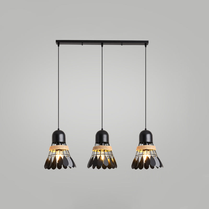 Badminton Dining Room Cluster Pendant Art Deco Iron 3 Heads Black/White Drop Lamp with Rope and Round/Linear Canopy Clearhalo 'Ceiling Lights' 'Pendant Lights' 'Pendants' Lighting' 1474050