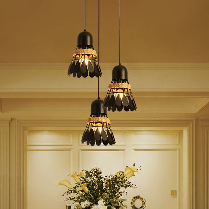 Badminton Dining Room Cluster Pendant Art Deco Iron 3 Heads Black/White Drop Lamp with Rope and Round/Linear Canopy Clearhalo 'Ceiling Lights' 'Pendant Lights' 'Pendants' Lighting' 1474051