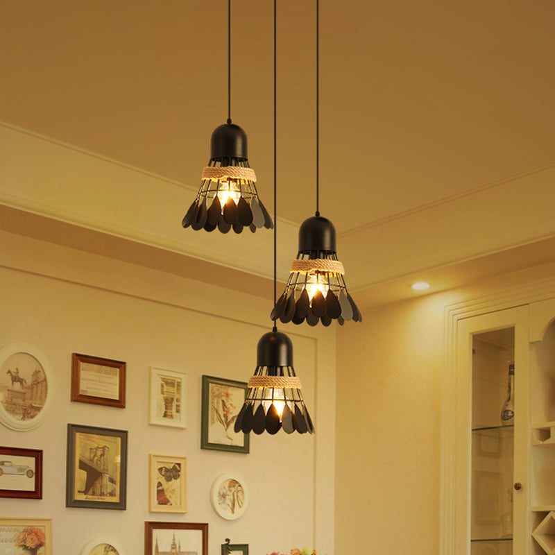 Badminton Dining Room Cluster Pendant Art Deco Iron 3 Heads Black/White Drop Lamp with Rope and Round/Linear Canopy Clearhalo 'Ceiling Lights' 'Pendant Lights' 'Pendants' Lighting' 1474052