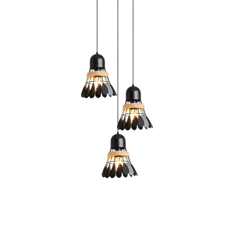 Badminton Dining Room Cluster Pendant Art Deco Iron 3 Heads Black/White Drop Lamp with Rope and Round/Linear Canopy Clearhalo 'Ceiling Lights' 'Pendant Lights' 'Pendants' Lighting' 1474053