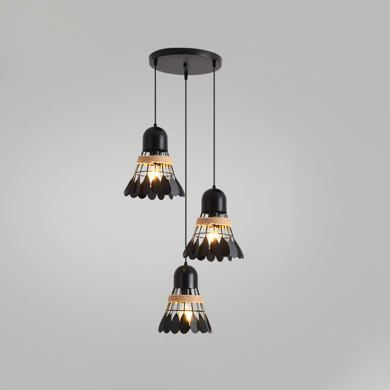 Badminton Dining Room Cluster Pendant Art Deco Iron 3 Heads Black/White Drop Lamp with Rope and Round/Linear Canopy Clearhalo 'Ceiling Lights' 'Pendant Lights' 'Pendants' Lighting' 1474054
