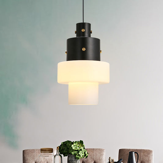 Column Bedroom Ceiling Pendant Light Industrial Style White Glass 1 Head Black Down Lighting Black Clearhalo 'Ceiling Lights' 'Chandeliers' 'Glass shade' 'Glass' 'Industrial Pendants' 'Industrial' 'Middle Century Pendants' 'Pendant Lights' 'Pendants' 'Tiffany' Lighting' 1474060
