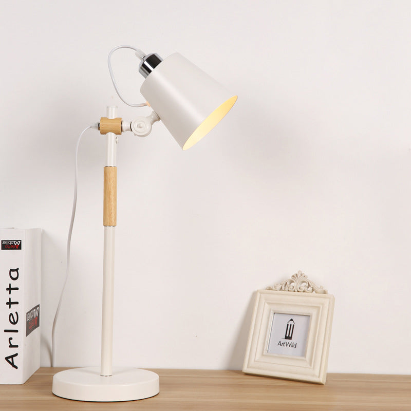 Metal Bucket Night Lighting Industrial 1 Bulb Living Room Table Light with Wooden Arm in Black/White Clearhalo 'Lamps' 'Table Lamps' Lighting' 1474074