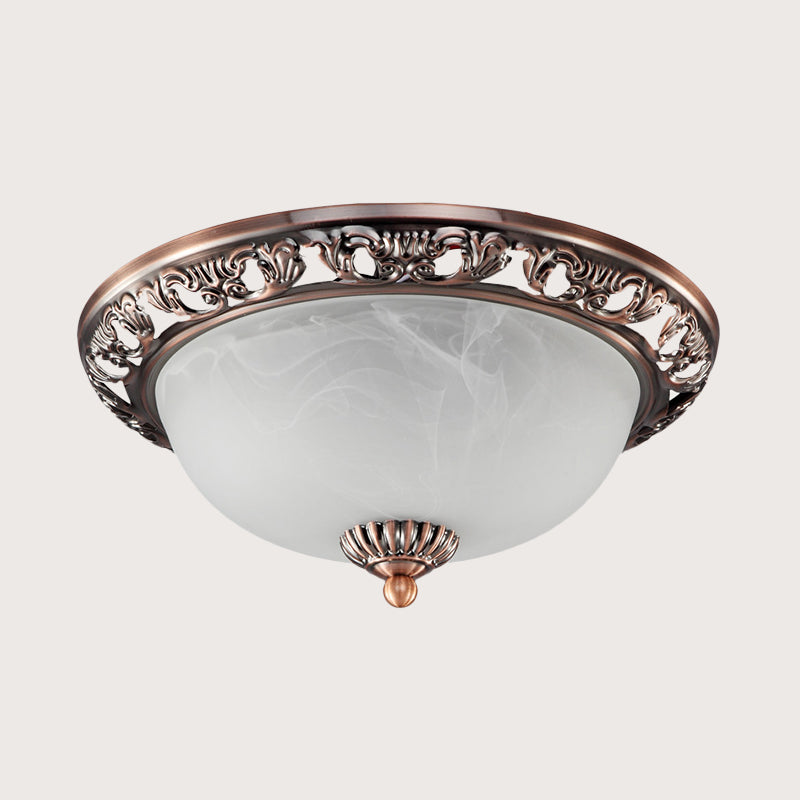 Bowl Shade Opal Glass Flush Ceiling Light Countryside 3-Head Living Room Metal Flush Mount Fixture in Bronze/Copper, 12"/16"/19.5" Wide