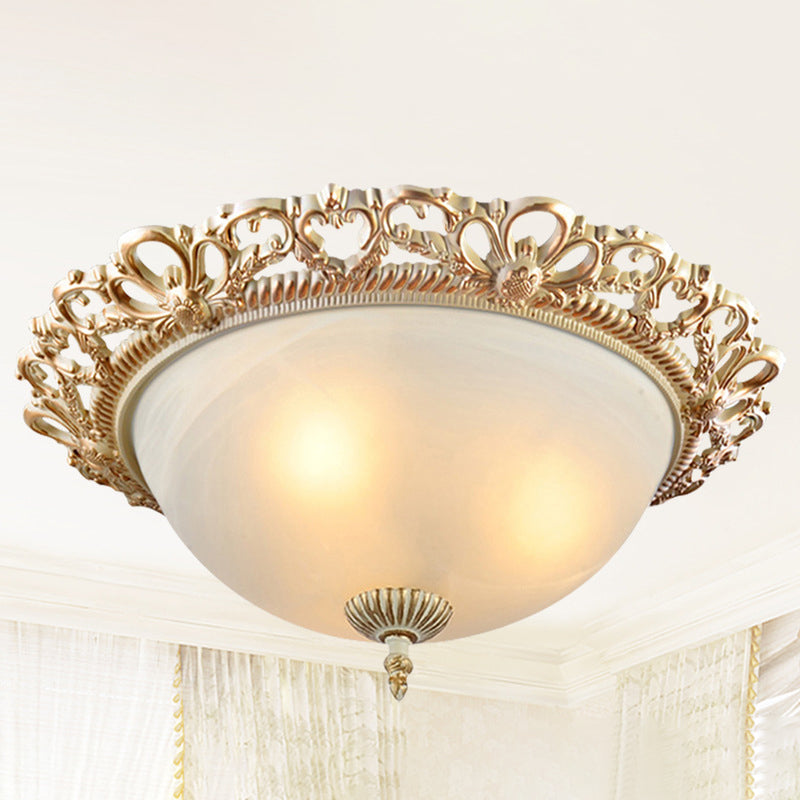13"/15" Wide Brass 2 Bulbs Flushmount Lighting Country Style Cream Glass Bowl Shade Flush Mount Lamp for Bedroom Clearhalo 'Ceiling Lights' 'Close To Ceiling Lights' 'Close to ceiling' 'Flush mount' Lighting' 1474099