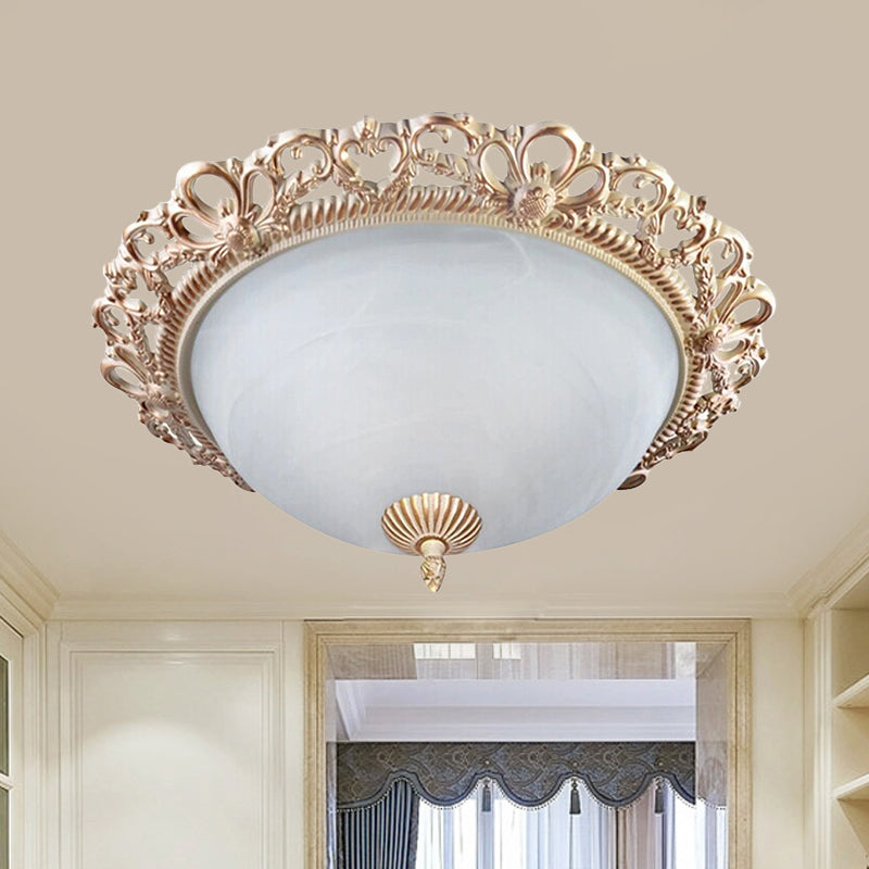 13"/15" Wide Brass 2 Bulbs Flushmount Lighting Country Style Cream Glass Bowl Shade Flush Mount Lamp for Bedroom Clearhalo 'Ceiling Lights' 'Close To Ceiling Lights' 'Close to ceiling' 'Flush mount' Lighting' 1474100