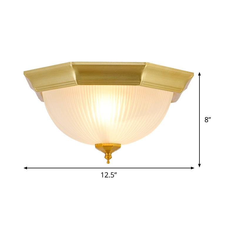 Gold Domed Flushmount Light Colonial Ribbed Glass 2 Lights Corridor Close to Ceiling Lamp