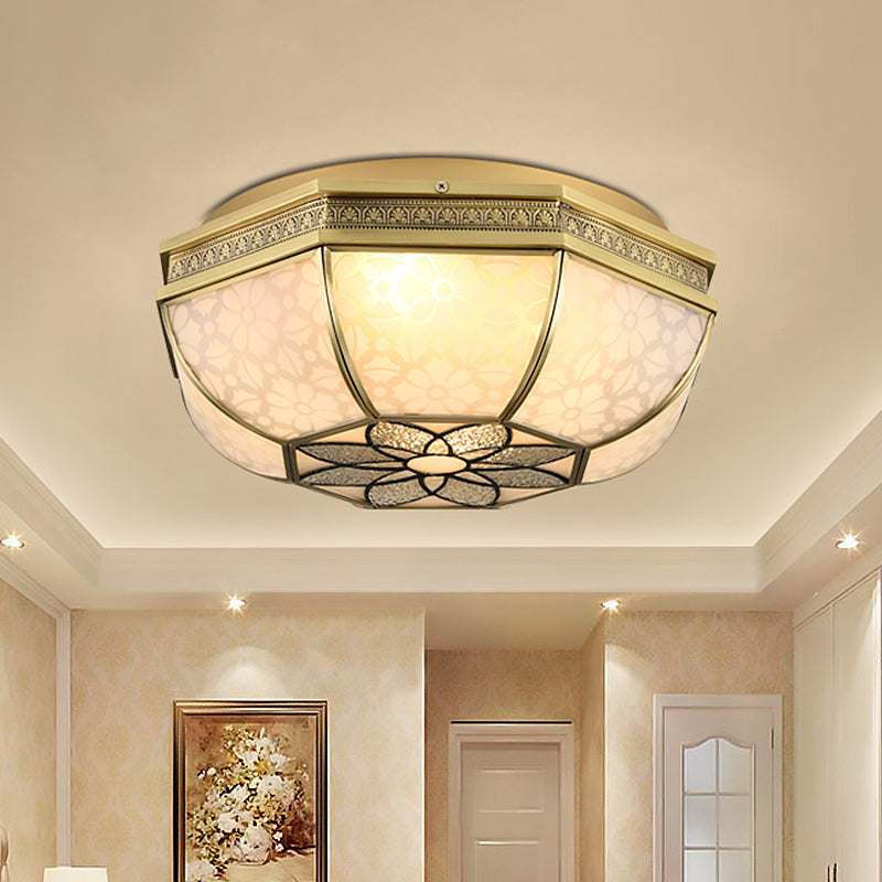 Frosted Glass Gold Flush Mount Bowl Shade 4-Light Colonialism Metal Ceiling Mounted Fixture with Flower Pattern