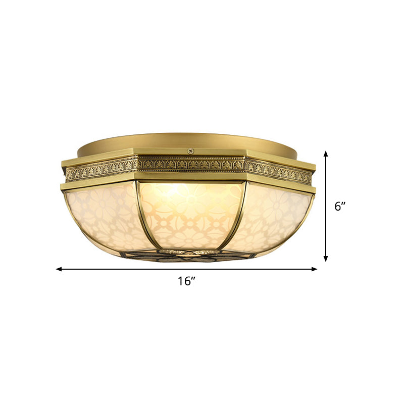 Frosted Glass Gold Flush Mount Bowl Shade 4-Light Colonialism Metal Ceiling Mounted Fixture with Flower Pattern