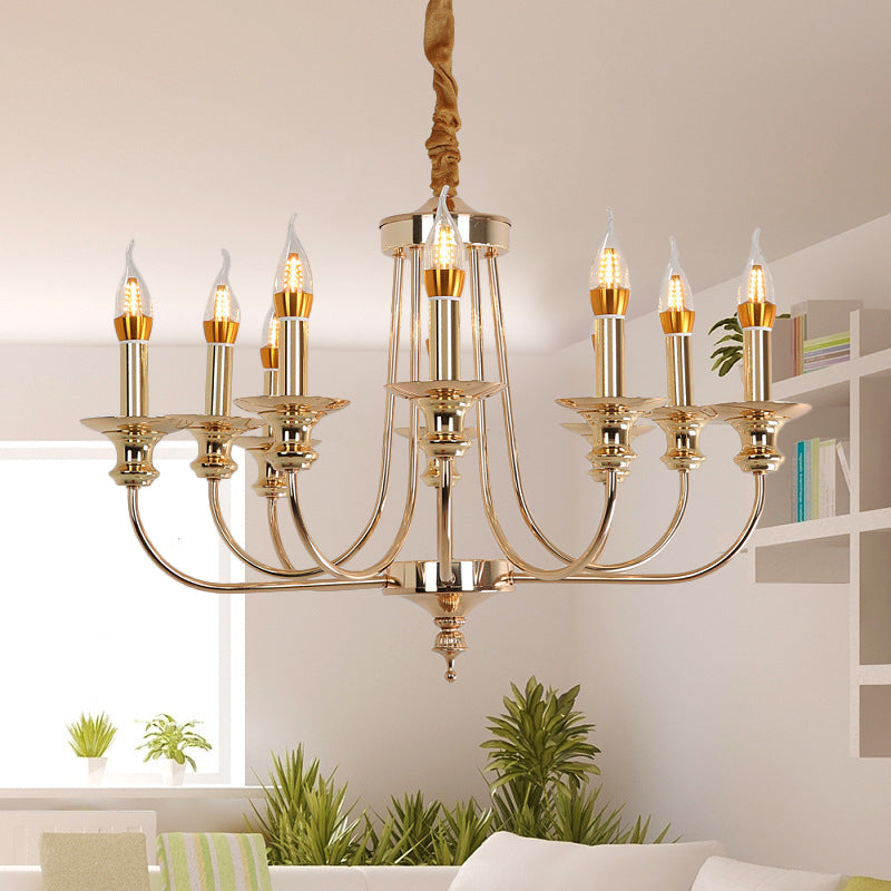Candelabra Living Room Chandelier Light Fixture Colonialist Metal 10 Lights Gold Drop Pendant with Curvy Arm Gold Clearhalo 'Ceiling Lights' 'Chandeliers' Lighting' options 1474146_c7b5b559-6a06-431b-9cd2-911fd69e232f