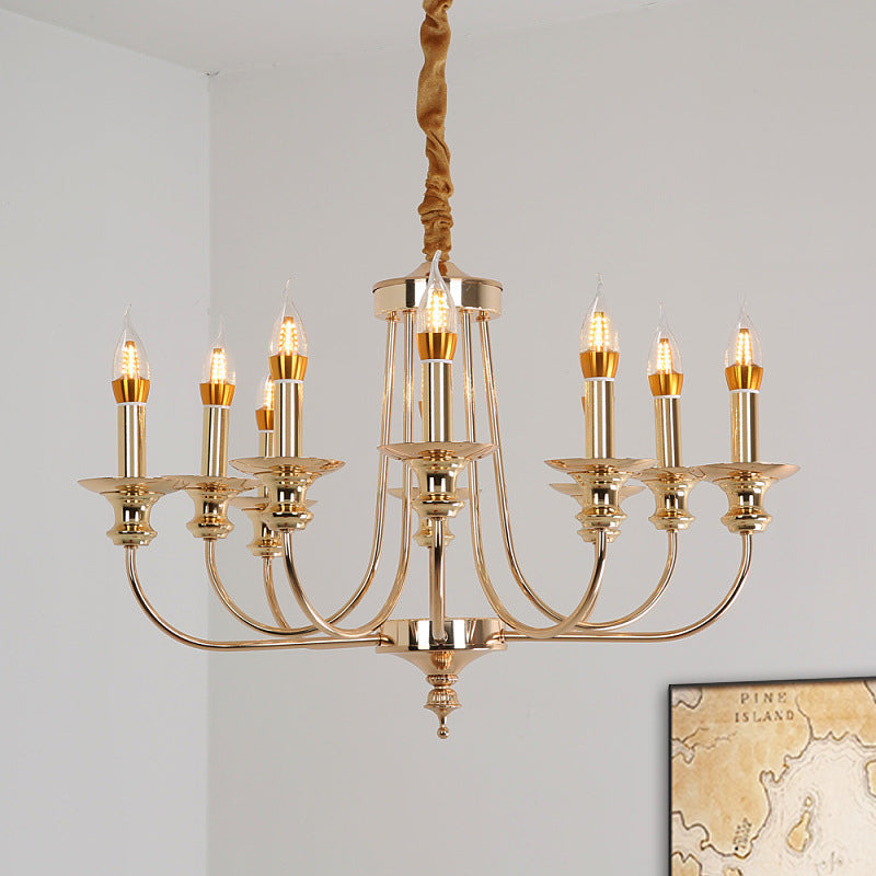 Candelabra Living Room Chandelier Light Fixture Colonialist Metal 10 Lights Gold Drop Pendant with Curvy Arm Clearhalo 'Ceiling Lights' 'Chandeliers' Lighting' options 1474147