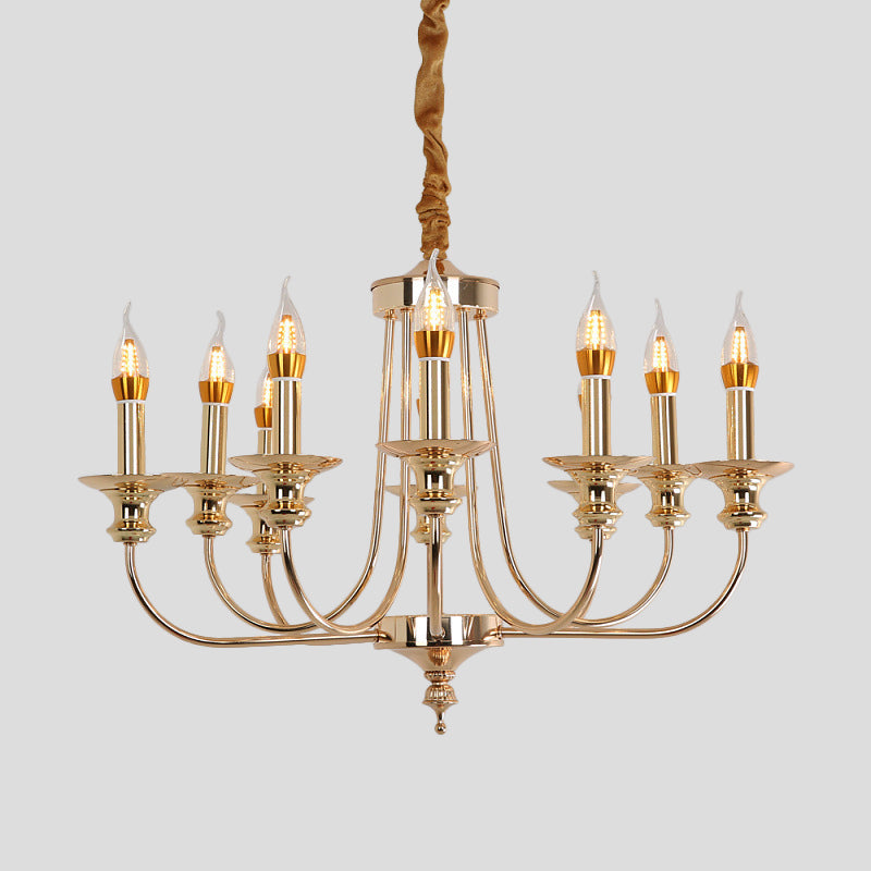 Candelabra Living Room Chandelier Light Fixture Colonialist Metal 10 Lights Gold Drop Pendant with Curvy Arm Clearhalo 'Ceiling Lights' 'Chandeliers' Lighting' options 1474149