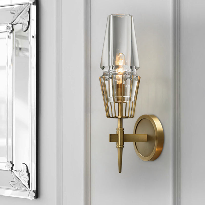 Clear Glass Tapered Sconce Lighting Colonial 1/2-Light Porch Wall Light in Gold with Metal Frame 1.0 Gold Clearhalo 'Wall Lamps & Sconces' 'Wall Lights' Lighting' 1474157