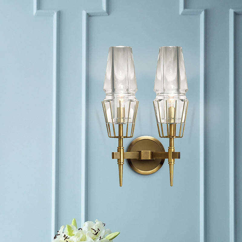 Clear Glass Tapered Sconce Lighting Colonial 1/2-Light Porch Wall Light in Gold with Metal Frame 2.0 Gold Clearhalo 'Wall Lamps & Sconces' 'Wall Lights' Lighting' 1474162