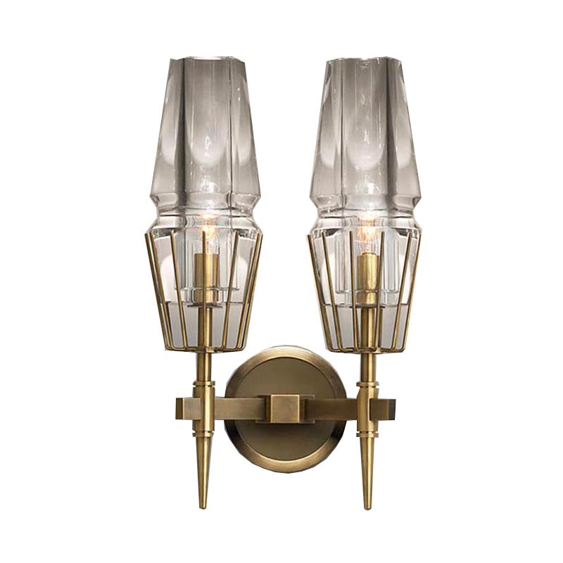 Clear Glass Tapered Sconce Lighting Colonial 1/2-Light Porch Wall Light in Gold with Metal Frame Clearhalo 'Wall Lamps & Sconces' 'Wall Lights' Lighting' 1474163