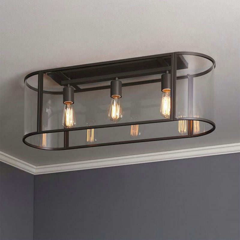 3 Heads Flush Light Warehouse Corridor Metal Flush Mount Lighting with Oval Clear Glass Shade in Black/Gold Clearhalo 'Ceiling Lights' 'Close To Ceiling Lights' 'Close to ceiling' 'Flush mount' Lighting' 1474201