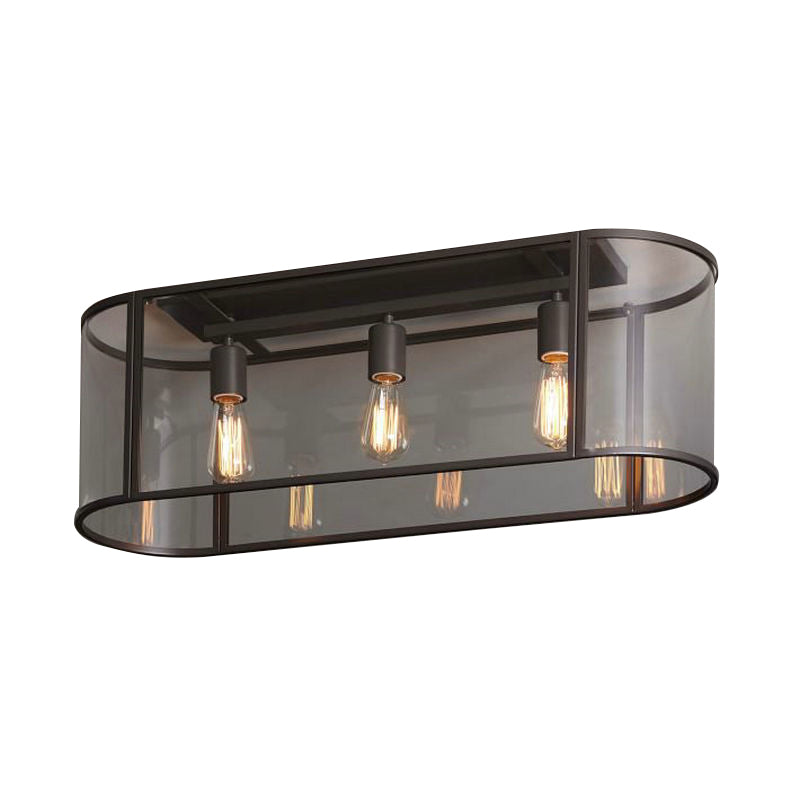 3 Heads Flush Light Warehouse Corridor Metal Flush Mount Lighting with Oval Clear Glass Shade in Black/Gold Black Clearhalo 'Ceiling Lights' 'Close To Ceiling Lights' 'Close to ceiling' 'Flush mount' Lighting' 1474203