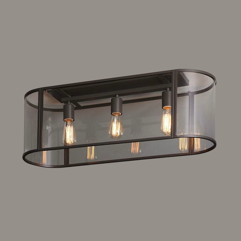 3 Heads Flush Light Warehouse Corridor Metal Flush Mount Lighting with Oval Clear Glass Shade in Black/Gold Clearhalo 'Ceiling Lights' 'Close To Ceiling Lights' 'Close to ceiling' 'Flush mount' Lighting' 1474204