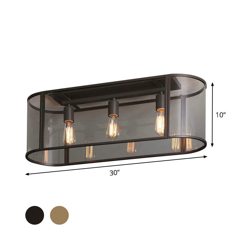 3 Heads Flush Light Warehouse Corridor Metal Flush Mount Lighting with Oval Clear Glass Shade in Black/Gold Clearhalo 'Ceiling Lights' 'Close To Ceiling Lights' 'Close to ceiling' 'Flush mount' Lighting' 1474205