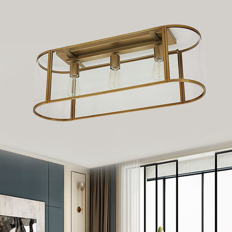 3 Heads Flush Light Warehouse Corridor Metal Flush Mount Lighting with Oval Clear Glass Shade in Black/Gold Clearhalo 'Ceiling Lights' 'Close To Ceiling Lights' 'Close to ceiling' 'Flush mount' Lighting' 1474207