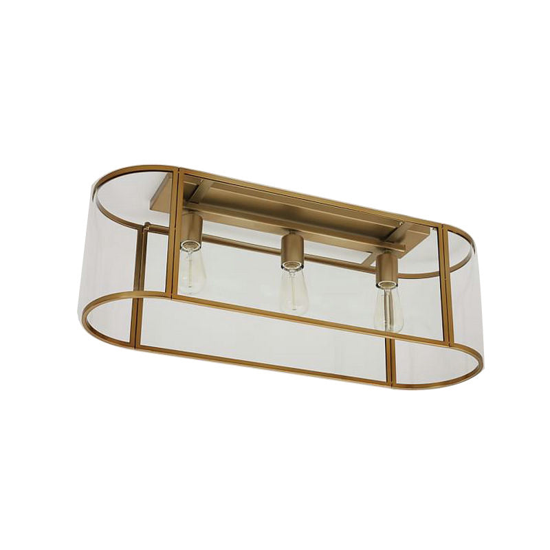 3 Heads Flush Light Warehouse Corridor Metal Flush Mount Lighting with Oval Clear Glass Shade in Black/Gold Gold Clearhalo 'Ceiling Lights' 'Close To Ceiling Lights' 'Close to ceiling' 'Flush mount' Lighting' 1474208