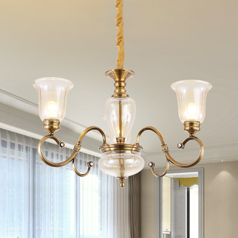 Bell Living Room Chandelier Lamp Farmhouse Clear Glass 3/6/8 Lights Brass Suspension Lighting with Metal Swooping Arm Clearhalo 'Ceiling Lights' 'Chandeliers' Lighting' options 1474210
