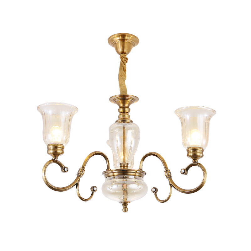 Bell Living Room Chandelier Lamp Farmhouse Clear Glass 3/6/8 Lights Brass Suspension Lighting with Metal Swooping Arm 3 Brass Clearhalo 'Ceiling Lights' 'Chandeliers' Lighting' options 1474212_99820a3a-2182-4a0c-a2b5-278a7dbca8c1