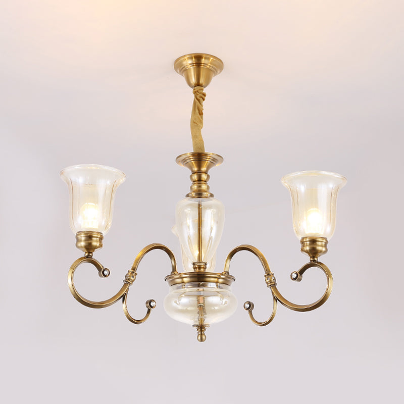 Bell Living Room Chandelier Lamp Farmhouse Clear Glass 3/6/8 Lights Brass Suspension Lighting with Metal Swooping Arm Clearhalo 'Ceiling Lights' 'Chandeliers' Lighting' options 1474213