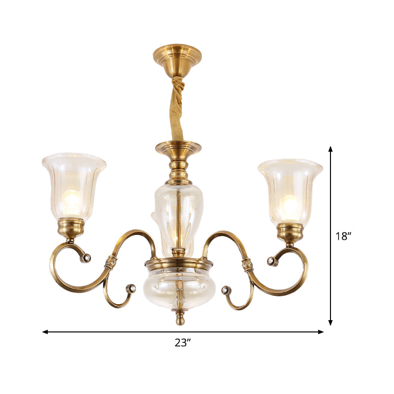 Bell Living Room Chandelier Lamp Farmhouse Clear Glass 3/6/8 Lights Brass Suspension Lighting with Metal Swooping Arm Clearhalo 'Ceiling Lights' 'Chandeliers' Lighting' options 1474214