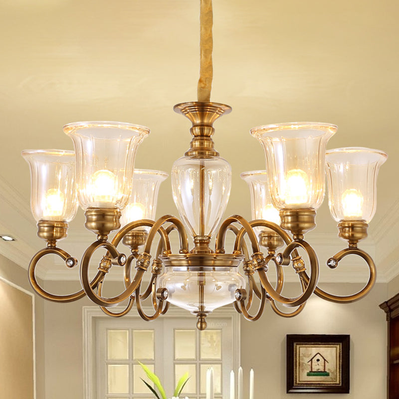Bell Living Room Chandelier Lamp Farmhouse Clear Glass 3/6/8 Lights Brass Suspension Lighting with Metal Swooping Arm Clearhalo 'Ceiling Lights' 'Chandeliers' Lighting' options 1474215