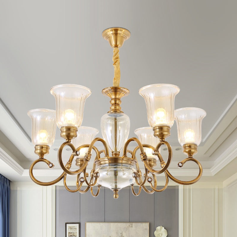 Bell Living Room Chandelier Lamp Farmhouse Clear Glass 3/6/8 Lights Brass Suspension Lighting with Metal Swooping Arm Clearhalo 'Ceiling Lights' 'Chandeliers' Lighting' options 1474216