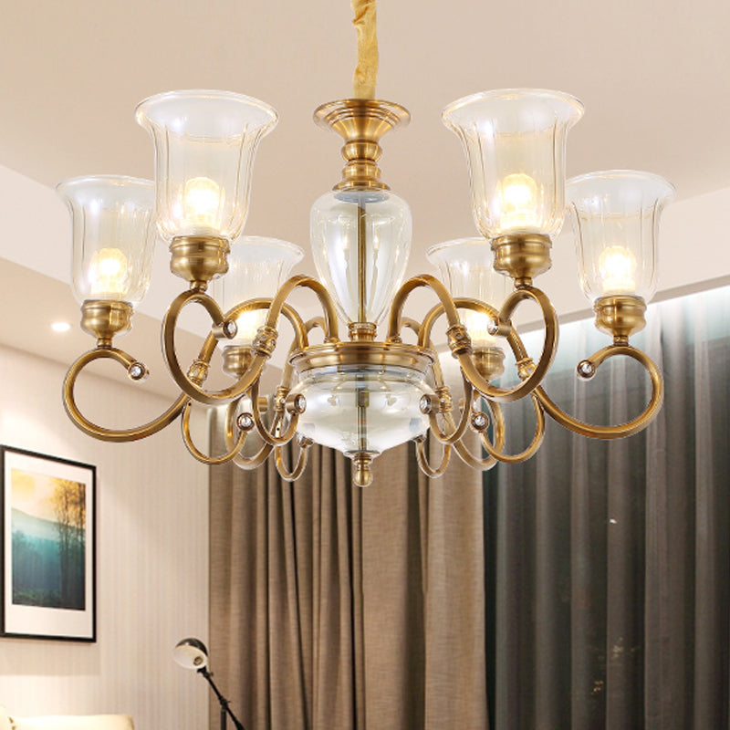 Bell Living Room Chandelier Lamp Farmhouse Clear Glass 3/6/8 Lights Brass Suspension Lighting with Metal Swooping Arm 6 Brass Clearhalo 'Ceiling Lights' 'Chandeliers' Lighting' options 1474217_a309519d-ca5e-4b26-9a22-6417af10c8a5