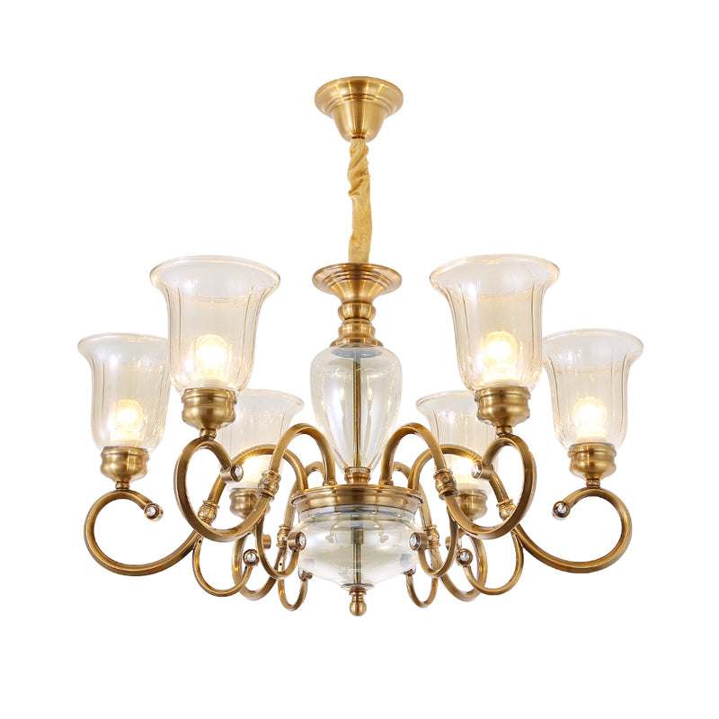 Bell Living Room Chandelier Lamp Farmhouse Clear Glass 3/6/8 Lights Brass Suspension Lighting with Metal Swooping Arm Clearhalo 'Ceiling Lights' 'Chandeliers' Lighting' options 1474218
