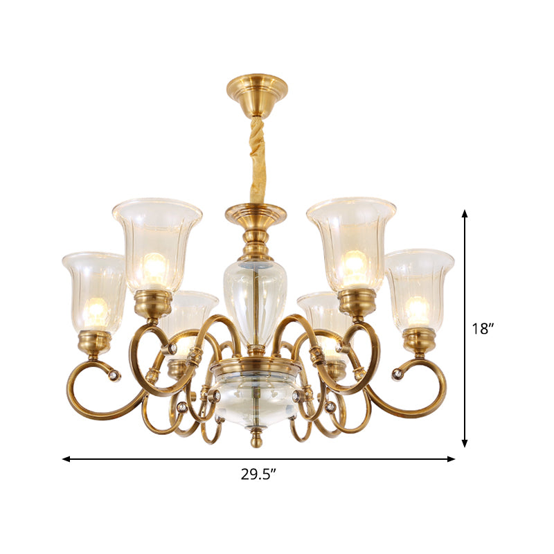 Bell Living Room Chandelier Lamp Farmhouse Clear Glass 3/6/8 Lights Brass Suspension Lighting with Metal Swooping Arm Clearhalo 'Ceiling Lights' 'Chandeliers' Lighting' options 1474219