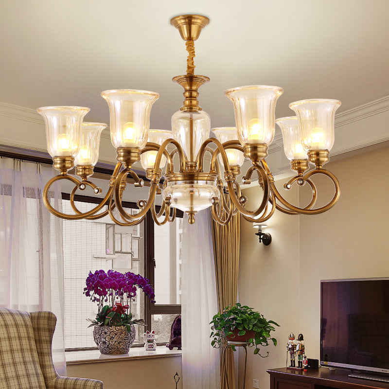 Bell Living Room Chandelier Lamp Farmhouse Clear Glass 3/6/8 Lights Brass Suspension Lighting with Metal Swooping Arm Clearhalo 'Ceiling Lights' 'Chandeliers' Lighting' options 1474221