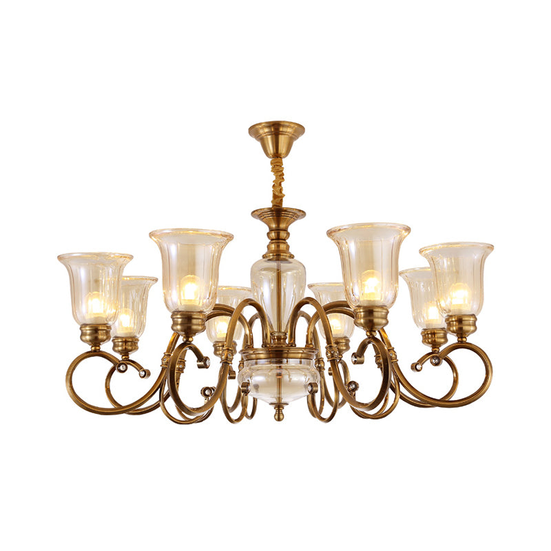 Bell Living Room Chandelier Lamp Farmhouse Clear Glass 3/6/8 Lights Brass Suspension Lighting with Metal Swooping Arm 8 Brass Clearhalo 'Ceiling Lights' 'Chandeliers' Lighting' options 1474222_706637c2-00ce-4f62-9b30-983c30a407c6