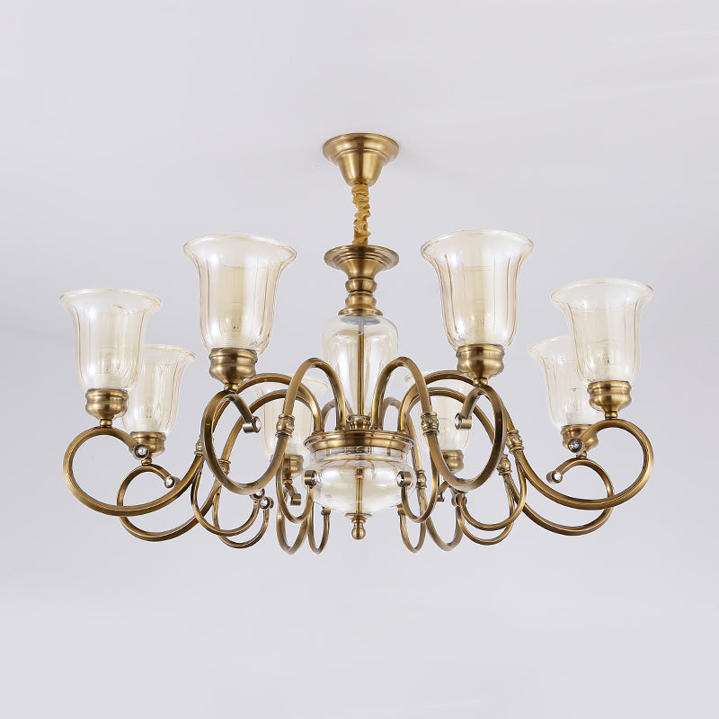 Bell Living Room Chandelier Lamp Farmhouse Clear Glass 3/6/8 Lights Brass Suspension Lighting with Metal Swooping Arm Clearhalo 'Ceiling Lights' 'Chandeliers' Lighting' options 1474223
